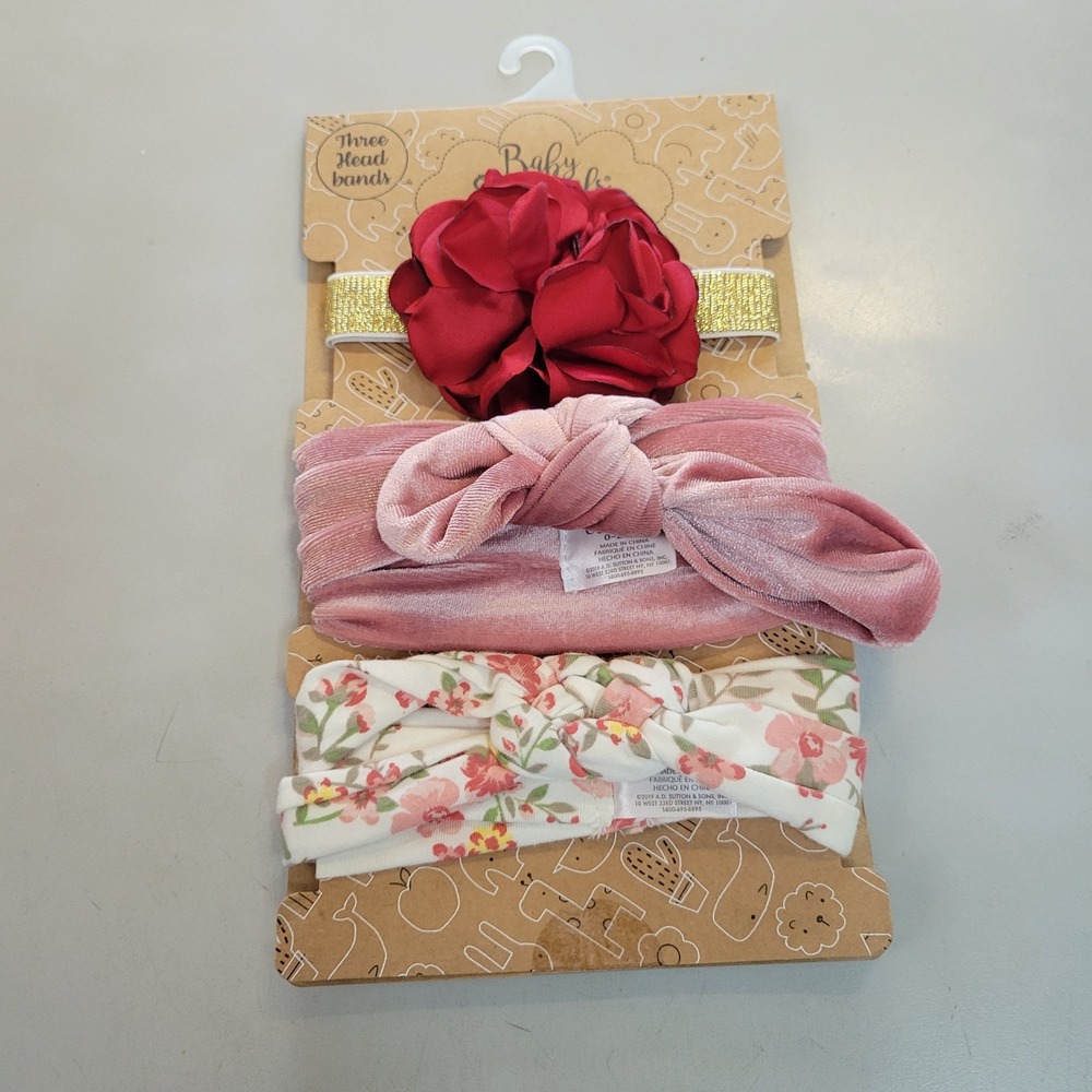 Baby Essentials 3 Pack Headbands 0-24M Red Flower Pink Velvet Floral Knotted Set
